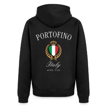 Portofino Italien Wappen Krone – Reise Souvenir - Unisex Premium Bio Zip Hoodie - Schwarz - Hinten - Nico (187cm)