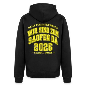 Malle 2026 Wir sind zum Saufen da Mallorca 2026 - Unisex Premium Bio Zip Hoodie - Schwarz - Hinten - Nico (187cm)