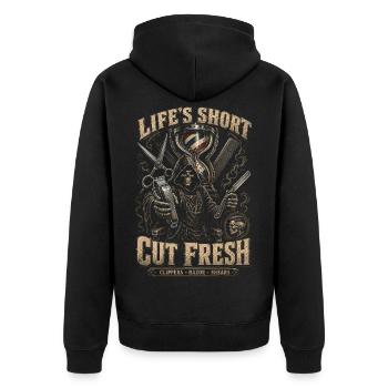 Barber Barbier Cut Fresh - Unisex Premium Bio Zip Hoodie - Schwarz - Hinten - Nico (187cm)