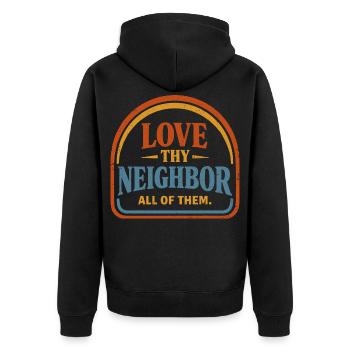 Liebe deine nächste Vintage-Wohltätigkeits-Friedensbotschaft - Unisex Premium Bio Zip Hoodie - Schwarz - Hinten - Nico (187cm)