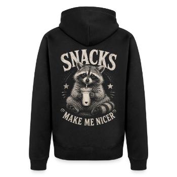 Raccoon, Snacks Make Me Nicer - Unisex Premium Organic Zip Hoodie - black - Back - Nico (187cm)
