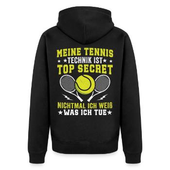 Meine Tennis Technik Is Top Secret  - Unisex Premium Bio Zip Hoodie - Schwarz - Hinten - Nico (187cm)