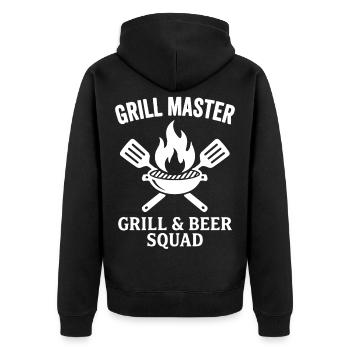 GRILL MASTER GRILL & BEER SQUAD BBQ Profi - Unisex Premium Bio Zip Hoodie - Schwarz - Hinten - Nico (187cm)