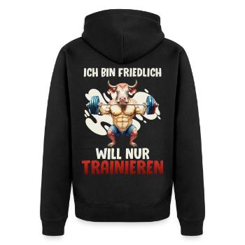 Gym BIN FREUNDLICH WILL NUR TRAINIEREN Lustig - Unisex Premium Bio Zip Hoodie - Schwarz - Hinten - Nico (187cm)