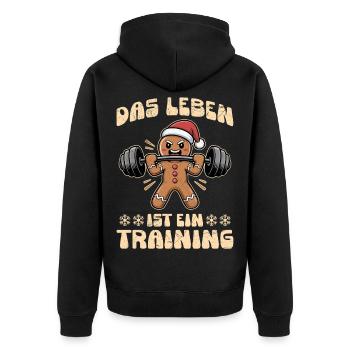 Lebkuchenmann DAS LEBEN IST EIN TRAINING Lustig - Unisex Premium Bio Zip Hoodie - Schwarz - Hinten - Nico (187cm)