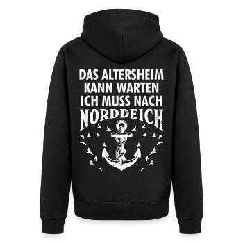Opa ALTERSHEIM KANN WARTEN MUSS NACH NORDDEICH - Unisex Premium Bio Zip Hoodie - Schwarz - Hinten - Nico (187cm)