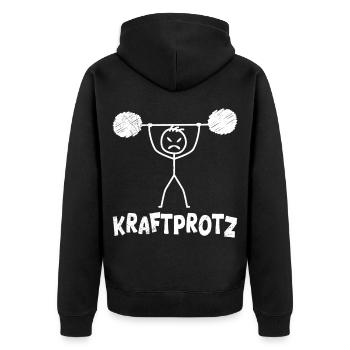Strichmännchen KRAFTPROTZ Lustiges - Unisex Premium Bio Zip Hoodie - Schwarz - Hinten - Nico (187cm)