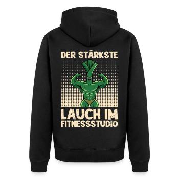 Gewichtheben DER STÄRKSTE LAUCH IM FITNESSSTUDIO - Unisex Premium Bio Zip Hoodie - Schwarz - Hinten - Nico (187cm)
