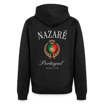 Nazaré Portugal Wappen Krone – Reise Souvenir - Unisex Premium Bio Zip Hoodie - Schwarz - Hinten - Nico (187cm)