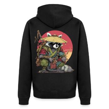 Waschbär-Samurai mit Strohhut - Unisex Premium Bio Zip Hoodie - Schwarz - Hinten - Nico (187cm)