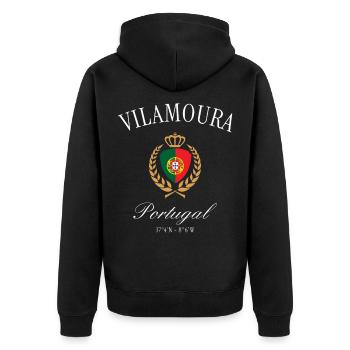Vilamoura Portugal Wappen Krone – Reise Souvenir - Unisex Premium Bio Zip Hoodie - Schwarz - Hinten - Nico (187cm)