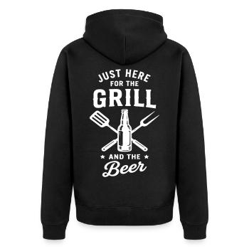 JUST HERE FOR THE GRILL AND THE Beer Grillmeister - Unisex Premium Bio Zip Hoodie - Schwarz - Hinten - Nico (187cm)