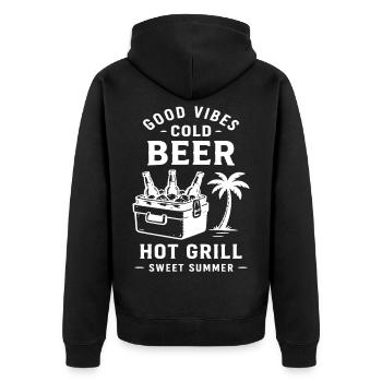 COLD BEER HOT GRILL SWEET SUMMER - Unisex Premium Bio Zip Hoodie - Schwarz - Hinten - Nico (187cm)