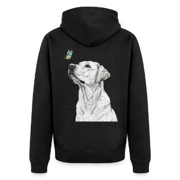 Labrador mit Schmetterling banksy style - Unisex Premium Bio Zip Hoodie - Schwarz - Hinten - Nico (187cm)