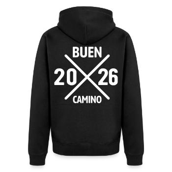Buen Camino 2026 | Jakobsweg, Pilger, Santiago - Unisex Premium Bio Zip Hoodie - Schwarz - Hinten - Nico (187cm)