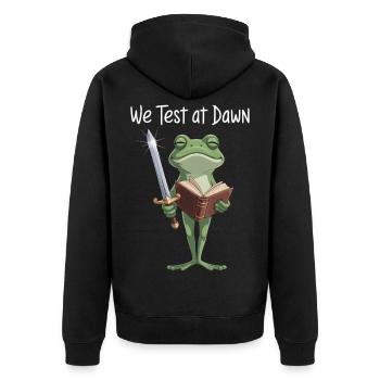 Frog Knight Reading at Dawn - Unisex Premium Organic Zip Hoodie - black - Back - Nico (187cm)