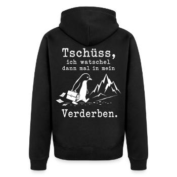 Pinguin flüchtet in die kalten Berge - Unisex Premium Bio Zip Hoodie - Schwarz - Hinten - Nico (187cm)