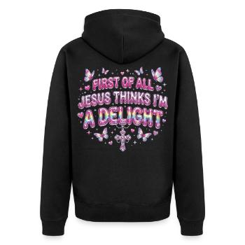 First Of All Jesus Thinks I'm A Delight - Unisex Premium Organic Zip Hoodie - black - Back - Nico (187cm)
