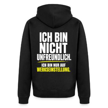 Ich bin nicht unfreundlich – Werkseinstellung - Unisex Premium Bio Zip Hoodie - Schwarz - Hinten - Nico (187cm)