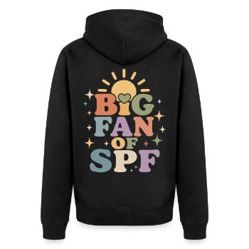 SPF Sonnenschutz Fan Sommer Sonne - Unisex Premium Bio Zip Hoodie - Schwarz - Hinten - Nico (187cm)