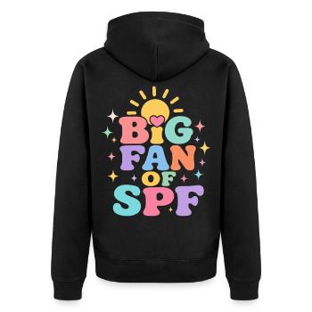 SPF Sonnenschutz Fan Sommer Sonne - Unisex Premium Bio Zip Hoodie - Schwarz - Hinten - Nico (187cm)