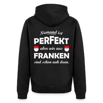 Niemand ist perfekt – Franken nah dran - Unisex Premium Bio Zip Hoodie - Schwarz - Hinten - Nico (187cm)