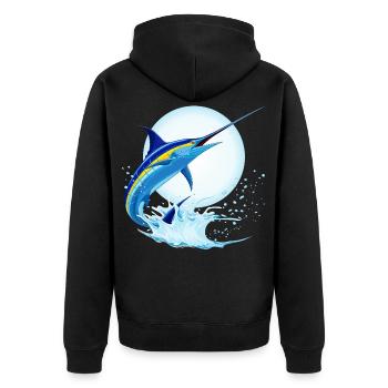 Blauer Marlin-Schwertfisch springt aus dem Ozean - Unisex Premium Bio Zip Hoodie - Schwarz - Hinten - Nico (187cm)