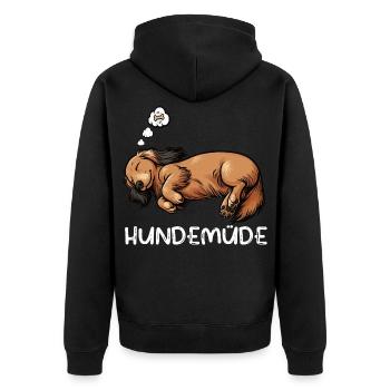 Hundemüde Langhaardackel Dackel Dackelhalter  - Unisex Premium Bio Zip Hoodie - Schwarz - Hinten - Nico (187cm)