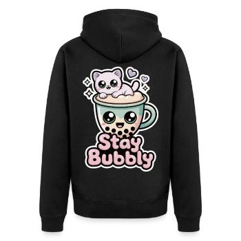 Stay Bubbly Shirt with Cat – Bubble Tea Shirt - Unisex Premium Organic Zip Hoodie - black - Back - Nico (187cm)