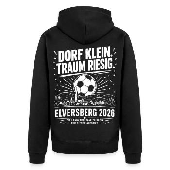 Dorf klein. Traum riesig. - Unisex Premium Bio Zip Hoodie - Schwarz - Hinten - Nico (187cm)
