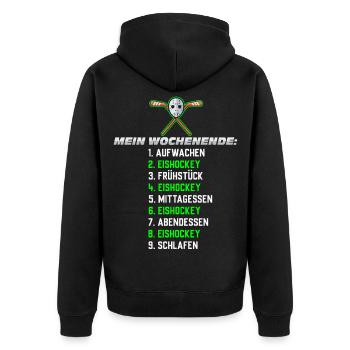 Mein Wochenende: Nur Eishockey - Unisex Premium Bio Zip Hoodie - Schwarz - Hinten - Nico (187cm)