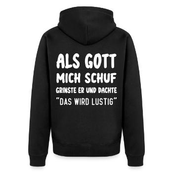 Als Gott Mich Schuf Das Wird Lustig - Unisex Premium Bio Zip Hoodie - Schwarz - Hinten - Nico (187cm)