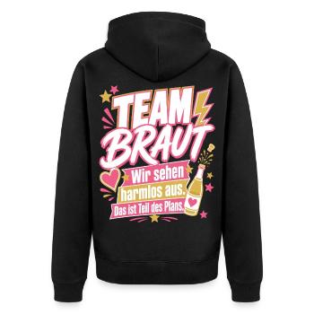 Team Braut, Teil des Plans - Unisex Premium Bio Zip Hoodie - Schwarz - Hinten - Nico (187cm)