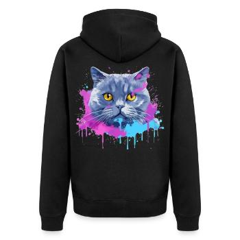 Visage de chat britannique à poil court en art éclaboussé coloré - Veste à capuche bio Premium Unisexe - noir - Dos - Nico (187cm)