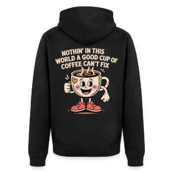 Kaffee T-Shirt Nothin’ In This World Cartoon Motiv - Unisex Premium Bio Zip Hoodie - Schwarz - Hinten - Nico (187cm)