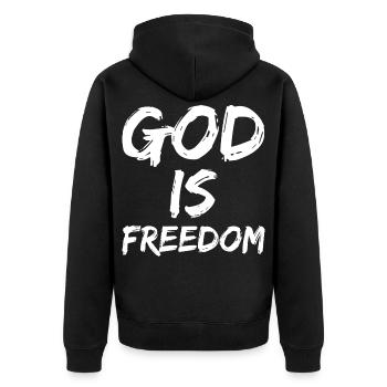 god is freedom - Unisex Premium Bio Zip Hoodie - Schwarz - Hinten - Nico (187cm)
