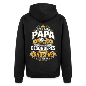 Jeder kann Papa werden – Bonuspapa - Unisex Premium Bio Zip Hoodie - Schwarz - Hinten - Nico (187cm)