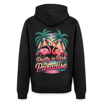 Chemise flamant rose avec palmiers – Paradis rose - Veste à capuche bio Premium Unisexe - noir - Dos - Nico (187cm)