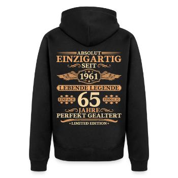 Einzigartig seit 1961 – 65. Geburtstag Geschenk - Unisex Premium Bio Zip Hoodie - Schwarz - Hinten - Nico (187cm)