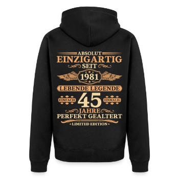 Einzigartig seit 1981 – 45. Geburtstag Geschenk - Unisex Premium Bio Zip Hoodie - Schwarz - Hinten - Nico (187cm)