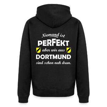 Dortmund Spruchshirt - Unisex Premium Bio Zip Hoodie - Schwarz - Hinten - Nico (187cm)