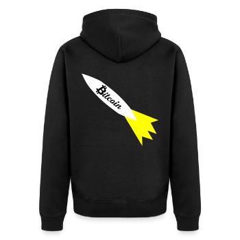 Bitcoin Rakete Druck - Unisex Premium Bio Zip Hoodie - Schwarz - Hinten - Nico (187cm)