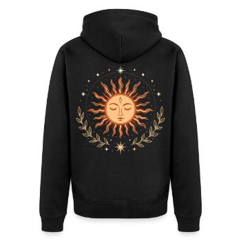 Mittsommer Sonne – Spirituelles Symbol für Sommer - Unisex Premium Bio Zip Hoodie - Schwarz - Hinten - Nico (187cm)