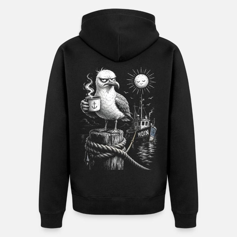 MOIN – Grumpy Seagull with Coffee - Unisex Premium Organic Zip Hoodie - black