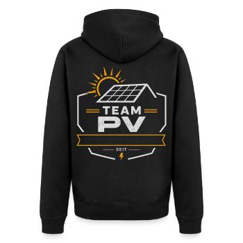 Team PV Solarenergie Emblem- Mach es zu Deinem - Unisex Premium Bio Zip Hoodie - Schwarz - Hinten - Nico (187cm)