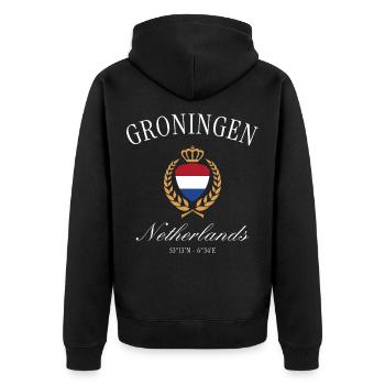 Groningen Wappen Krone Niederlande Reise Souvenir - Unisex Premium Bio Zip Hoodie - Schwarz - Hinten - Nico (187cm)