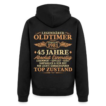 Legendärer Oldtimer 1981 – 45. Geburtstag - Unisex Premium Bio Zip Hoodie - Schwarz - Hinten - Nico (187cm)