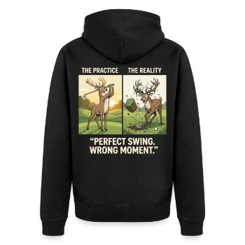 Perfect Swing Wrong Moment Golf Hirsch Lustig - Unisex Premium Bio Zip Hoodie - Schwarz - Hinten - Nico (187cm)
