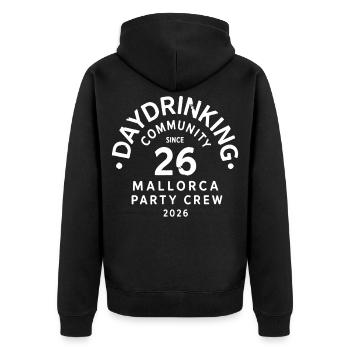 Malle 2026 Daydrinking Community Party Crew - Unisex Premium Bio Zip Hoodie - Schwarz - Hinten - Nico (187cm)