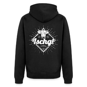 Ischgl Tirol Österreich Retro Kuh Vintage Souvenir - Unisex Premium Bio Zip Hoodie - Schwarz - Hinten - Nico (187cm)